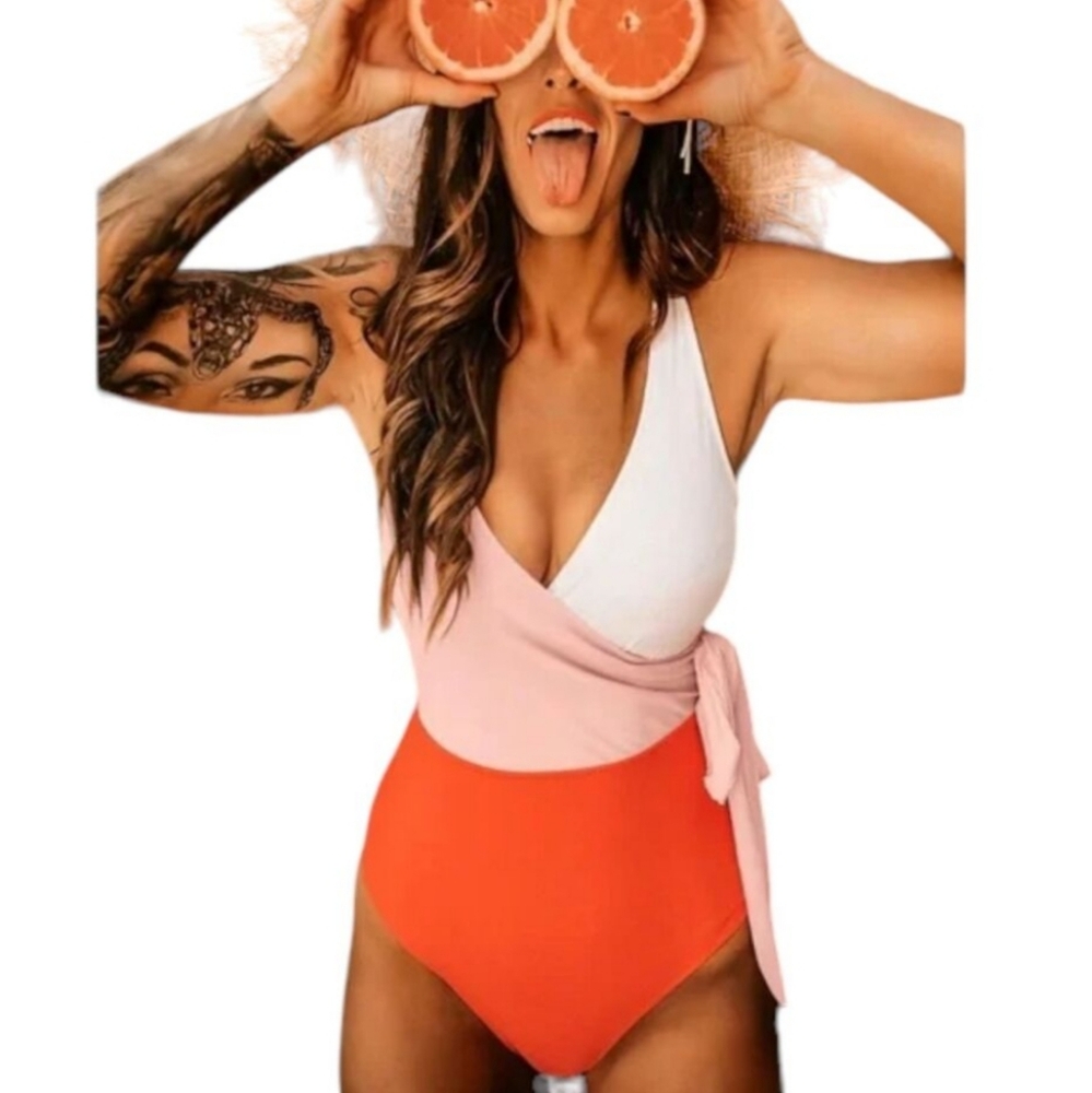 Cupshe colorblock wrap top tie knot one piece swimsuit peach white szL